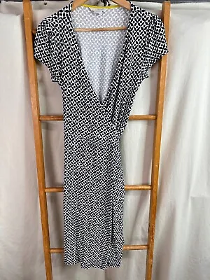 Boden Dress Womens 10 Dark Blue & White Geometric Short Mid Length Sleeve Wrap • $34.45