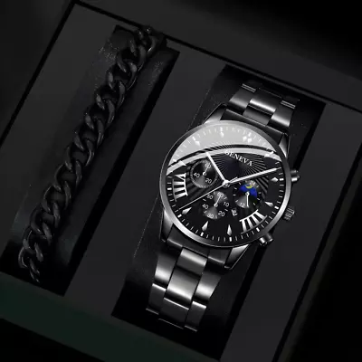 Mens Black Bracelet Watch Set Men Business Stainless Steel Quartz Watch 2PCS • $21.95