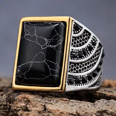 Mens Gold Plated Black Square Onyx Stone Ring Stainless Steel Size 7-15 • $18.69