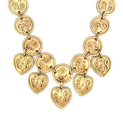 Designer Edouard Rambaud Gold Plate Etruscan Disc Heart Bib Statement Necklace • $295