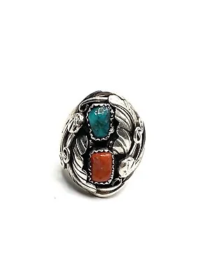 Native American Sterling Navajo Handmade Turquoise And Coral Mens Ring Size 10.5 • $89.99