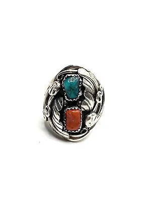 Native American Sterling Navajo Handmade Turquoise And Coral Mens Ring Size 12 • $89.99