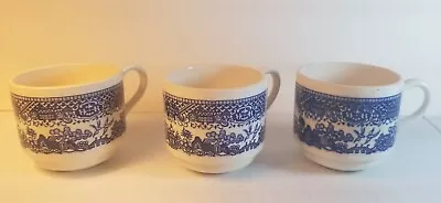 Vintage Blue Willow Cups Tea Coffee Set Of 3 - 8 Oz USA Pottery Asian Style • $16.99