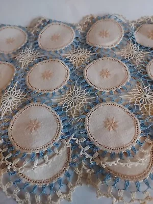 Nice Lot Of 3 Vintage White Blue  Hand Crochet Doily Doilies Table Runners • $17.99