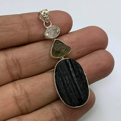 Black Tourmaline Czech Moldavite And Herkimer Diamond Sterling Silver Pendant • $31.50