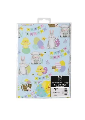 Easter Egg Wrapping Paper Gift Wrap Sheet - 2 Sheets 2 Tags Blue Animals Design • £3.50