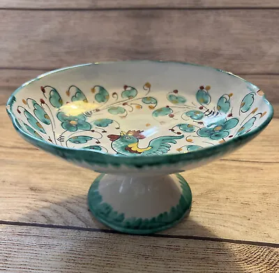 Vtg Italy Pottery Majolica Compote Dish Bowl Pedestal Turquoise Rooster 7.5x4.5” • $17.99