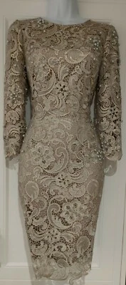 £59.99 • Buy Womens Monsoon Beige Gold Guipure Lace Bead Embellished Occasion Pencil Dress 8.