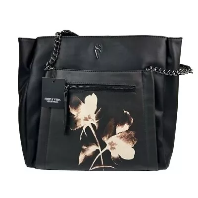 Simply Vera Vera Wang NEW Black Faux Leather Floral Purse Rockbridge Tote • $59.99