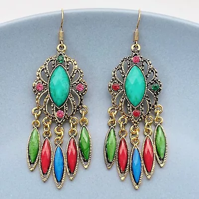 Vintage ~ Stylish Floral Multi Coloured Beaded Fringe Dangle Hook Earrings • $6.95