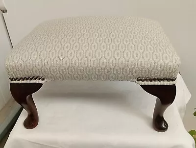 Footstool Antique Queen Anne Legs Green Cream Studded Newly Upholstered • £39.99