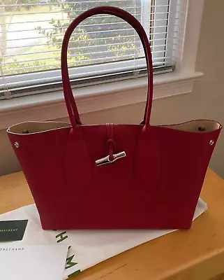 NWT Longchamp Roseau L Dark Red Leather Shoulder Tote $550 • $379