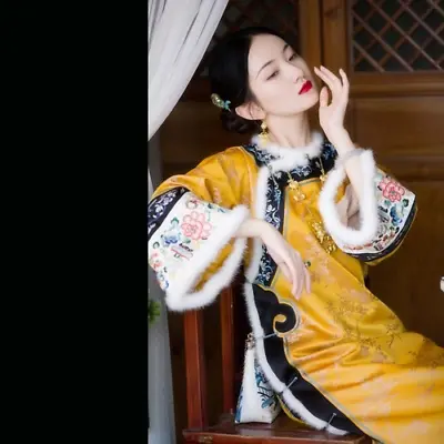 Chinese Gown Palace  Qing Dynasty Retro Embroidered Fur Lapel Cotton Cheongsam • $108.78