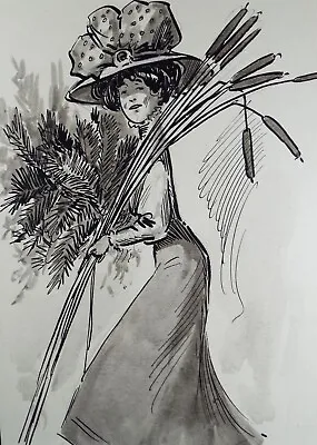 Original Ink And Wash 'Edwardian Woman With Ferns And Bull Rushes' • £40