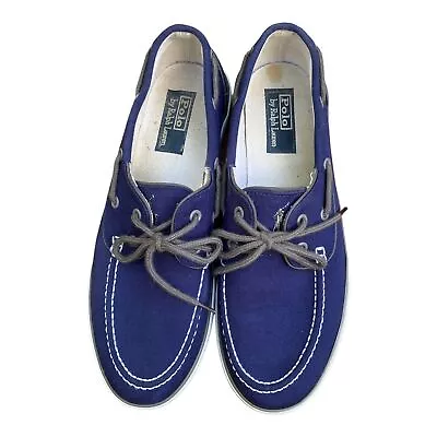 POLO By Ralph Lauren LANDER Boat Shoes Navy Canvas White Trim  Size 10.5 • $28