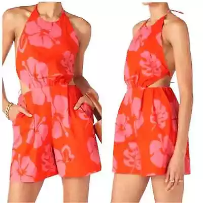 Staud Georgia Floral Romper Red Pink Halter Cutout Open Back Sleeveless Sz 10 • $75