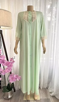 Vintage Lorraine Nightgown Size L Or XL Lace Trim Green Sheer Sleep Long Sleeve • $29.99