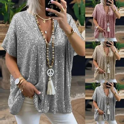 £4.79 • Buy Womens Sequins Glitter Tops V Neck Ladies Clubwear Party Casual Blouse T-Shirt