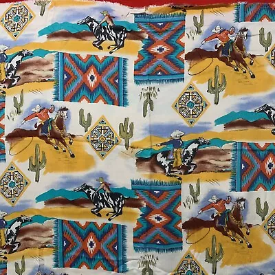 Vintage 90s 1992 EMDAY Southwestern Cowboy Rodeo Soft Rayon Fabric 76x59” • $39.99