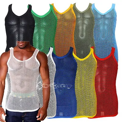 £4.95 • Buy Mens String Mesh Vest Fitted 100% Cotton Gym Training Tank Top T Shirt Fish Net
