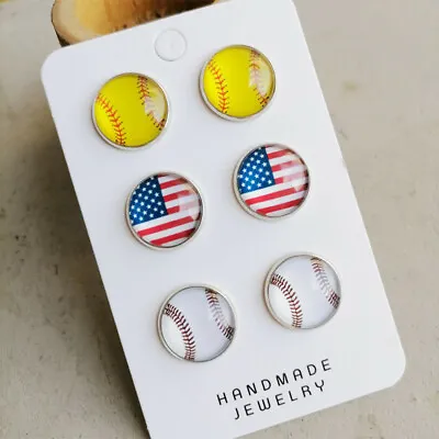Round Glass Ball Baseball Softball Stud Earrings For Women Spring Sports Jewelry • $1.74