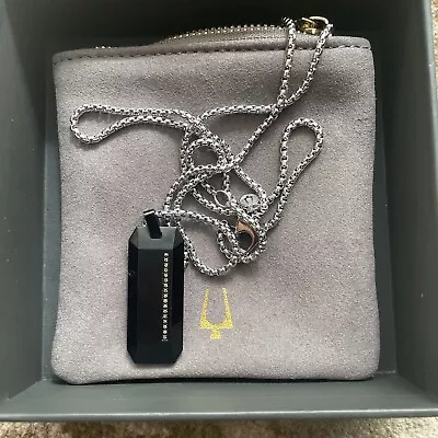 Bulova Mens Black Diamonds Box Link Chain Dog Tag Pendant 26  To 28  J98N003 • $99.99