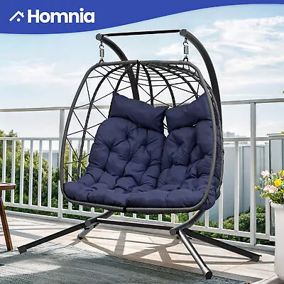 Patio Swing 2 Person Hammock Wicker Chair Stand Steel Egg Chair Waterproof • $332.76