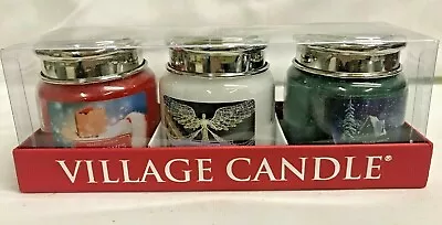 Village Candle CHRISTMAS TRIO Petite Jar Candles HERE COMES SANTA PEACE ANGELS • $24.99