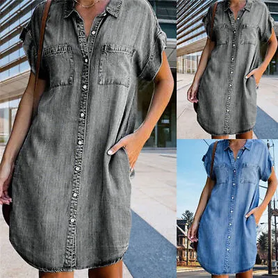 Casual Loose Long Womens Denim DressShirt Dresses Blouse Sleeve Tops Mini NEW • £11.97