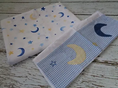 POTTERY BARN KIDS Celestial Moon Star Flat Sheet + Pillowcase Twin Blue Yellow • $52