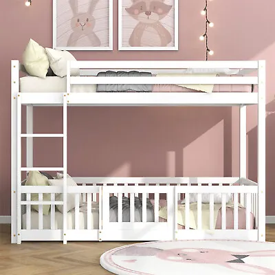 3FT Single Bunk Bed With Ladder Kids Twin Sleeper Solid Pine Wood Frame White • £274.99