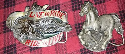 (2) Vintage 1978-81 Bergamot Brass-live To Ride Belt Buckles Eagle+mustang • $12.99