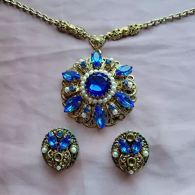 Vintage West Germany Blue Rhinestone Gold Tone Filigree Necklace Earrings Set • $104.99