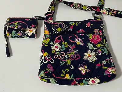 VERA BRADLEY Navy Blue  Ribbons  Pattern Top Zip Closure Crossbody Bag & Wallet • $36.99