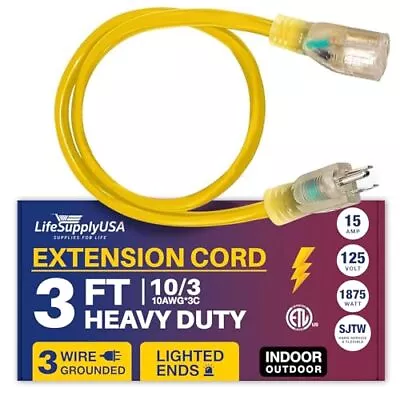 Power Extension Cord 3 Ft 10 Gauge/3 Prong SJTW Yellow 15 AMP 125 Volts 1875 • $24.23