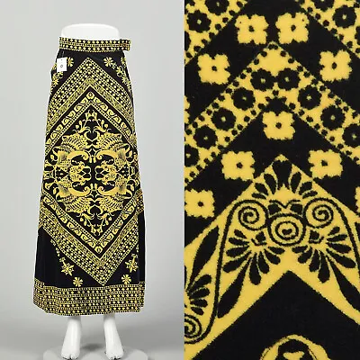 XXS 1970s Mr. Dino Velveteen Print Maxi Skirt Gold Black Print VTG • $135