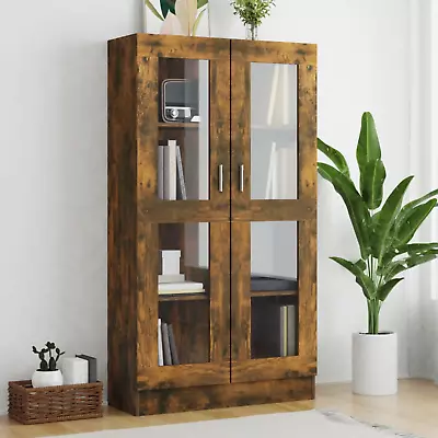 Vitrine Cabinet Smoked Oak Cupboard Tall Display Storage Unit Glass Doors Shelf • £126.99