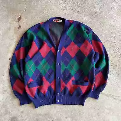 Vintage Pacrician Funky Argyle Acrylic Knit Sweater 5 Button Cardigan 1980s  • $27.99