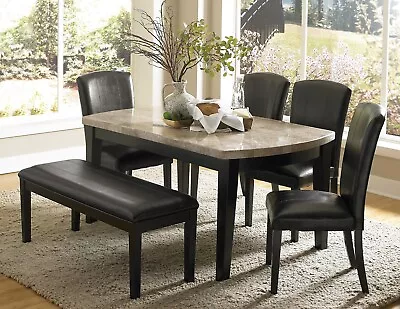 Marble Top Dining Table 6pc Set Upholstered Bench Chair Kitchen Dining Furniture • $1475
