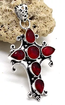 925 Sterling Silver Red Emerald Gemstone Handmade Jewelry Cross Pendant Size-2 • $8.99