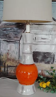 Vintage MCM Retro Ceramic Orange & Gray Bamboo Table Lamp *Rewired* • $95