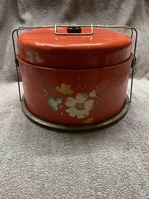 $22.95 • Buy Vtg 4 Piece MCM Tin Cake Pie Carrier Red W/Flowers Display Decoration Retro