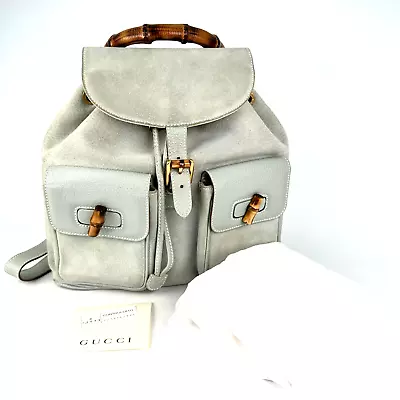 Vintage Gucci Backpack Bamboo Purse Handbag Suede Leather Mint Green Authentic • $229.99