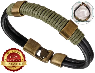 Surfer Faux Leather Bracelet Mens Wristband Bronze Buckle Cuff Braided Rope • £6.59