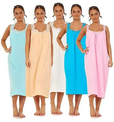 Ladies Plain Nightdress 100% Cotton V Neck Lace Strap Long Nightwear M To 3XL • £8.95