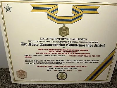 AIR FORCE COMMENDATION MEDAL COMMEMORATIVE CERTIFICATE ~ TYPE-2 W/PRINTING • $15.96