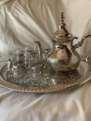 Moroccan Handmade Tea Set 6 Cups Tea Glasses Large Teapot  Tea Tray *NEW* • $220
