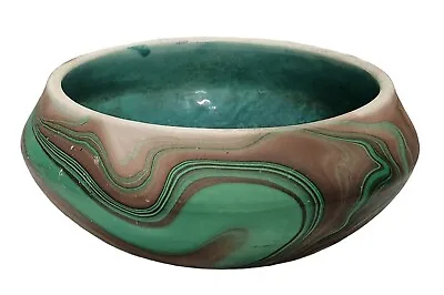 Marbled Roadside Pottery Malachite Look Bowl In With Glazed Turquoise Interior • $275