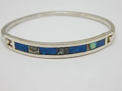 Alpaca Mexico Silver Tone Inlaid Abalone Mosaic Turquoise Hinged Bangle Bracelet • $17