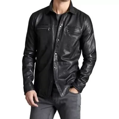 Men's Real Lamb Leather Full Sleeves Black Leather Shirt With Zipped Pockets #F3 • $99.99